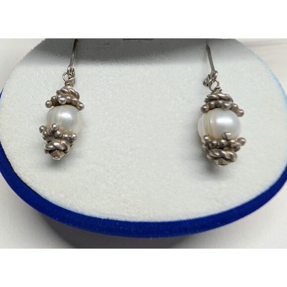 Vintage 925 Sterling Pearl Dangle Earrings Leverback Bali Style - Picture 1 of 6